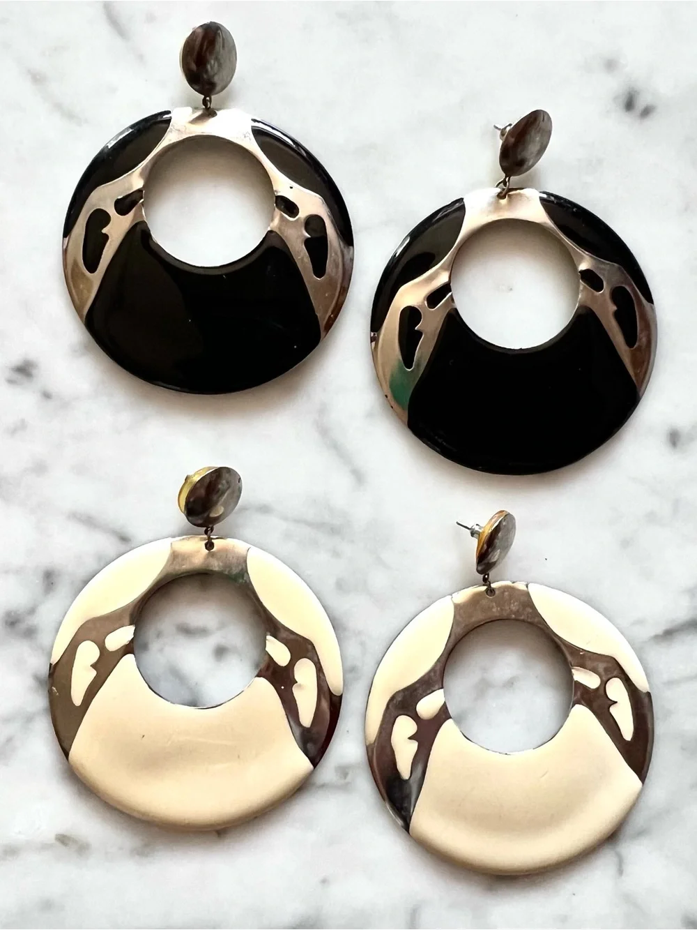 Vintage 80s Geometric Enamel Drop Hoop Earrings Post Modern Art Deco (Set of 2)